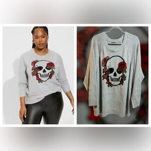 Torrid Rose Skull Vegan Cashmere Pullover Crew Sweater